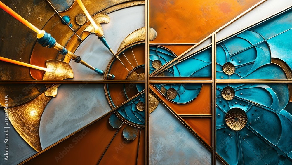 Poster Abstract geometric art with copper, gold, and blue hues.