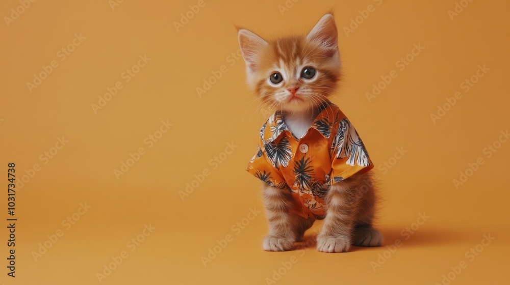 Wall mural A playful kitten wearing a colorful Hawaiian shirt against a bright orange background.