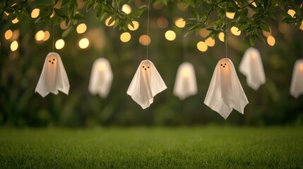 Cute ghost decorations hang among soft glowing lights, creating a whimsical and festive ambiance for Halloween.
