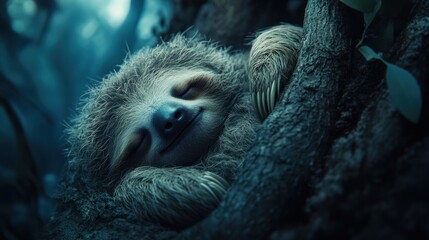 Naklejka premium A sloth peacefully sleeping on a tree branch in a serene, dimly lit forest setting.