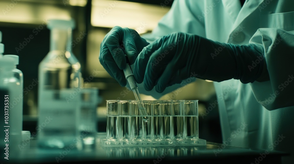 Poster a gloved hand using a pipette to add liquid to a test tube rack