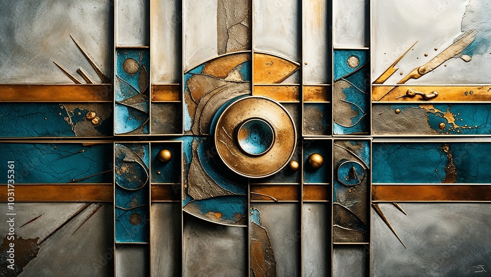 Wall mural Abstract geometric art with a mix of gold and blue tones.