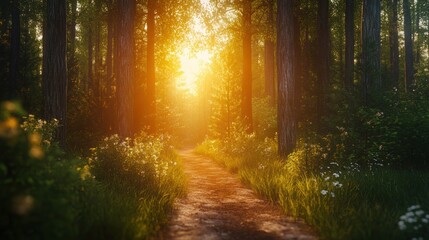 Fototapeta premium A serene forest path illuminated by golden sunlight, surrounded by lush greenery and flowers.