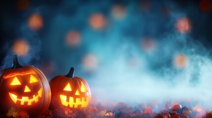 Naklejka premium Two glowing jack-o'-lanterns sit amidst a foggy backdrop, embodying the spooky essence of Halloween with soft, colorful bokeh lights.