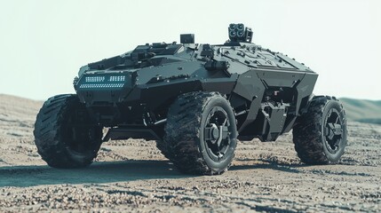 Fototapeta premium Advanced Reconnaissance Vehicle Patrolling Desolate Futuristic Landscape with Surveillance Technology | 3D Render Illustration