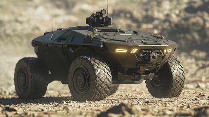 Futuristic Reconnaissance Vehicle Patrolling Desolate Landscape with Surveillance Technology 3D Render