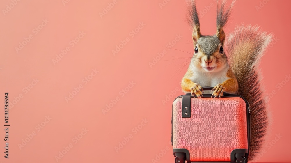 Wall mural A playful squirrel stands on a pink suitcase, ready for an adventure.