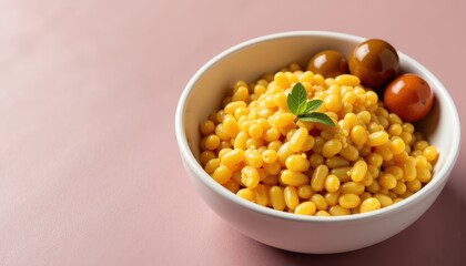 Isolated bowl of khichdi served with a side of pickles on a light mauve surface.