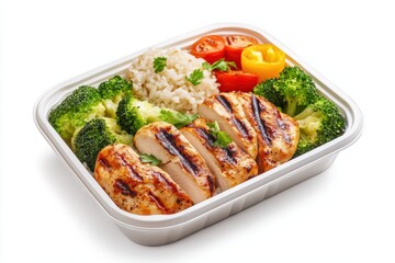 Fototapeta premium Delicious bento box featuring grilled chicken, rice, and fresh vegetables for a balanced meal on-the-go.