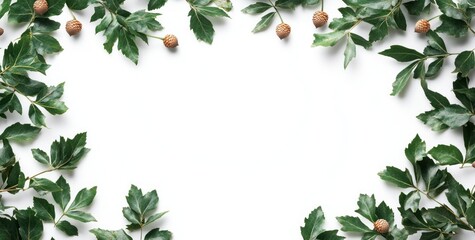 Fototapeta premium A border of green leaves and acorns on a white background, ideal for nature-themed designs.