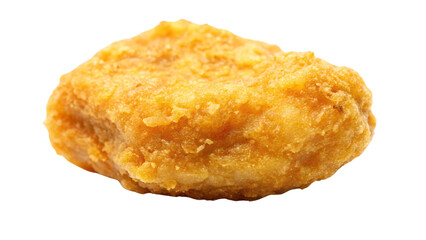 A close-up image of a crispy, golden-brown chicken nugget, showing its well-cooked, textured exterior and soft, crumbly coating, against on a transparent background