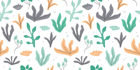 Seamless pattern with abstract hand drawn plants. Leaf print. Vector graphics.