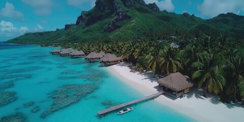 Obraz premium Bora Bora Island Aerial View Tropical Paradise Beach Overwater Bungalows Turquoise Lag