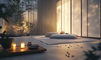 Minimalist zen room with soft lighting.