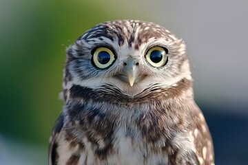  A tight shot of a small owl gazing into the lens, surrounded by a hazy backdrop of trees