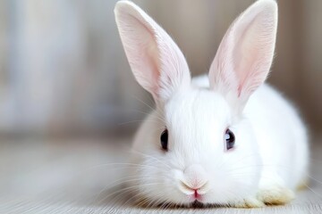 Obraz premium A tight shot of a white rabbit on a weathered wood floor, eyes bulging, and ears erect