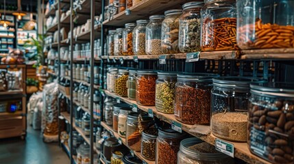 Fototapeta premium Explore the Vibrant Aisles of a Zero-Waste Grocery Store Focusing on Bulk Food Offerings