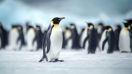 Fototapeta premium Group of king penguins coming back together from sea to beach with waves in the background