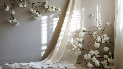 serene photo of soft white silk fabric draped elegantly against textured wall, complemented by delicate white flowers. gentle play of light and shadows creates tranquil atmosphere