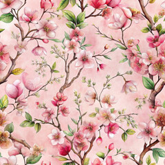 Obraz premium Elegant floral seamless texture featuring delicate pink cherry blossoms and green leaves on a soft pink background, creating a romantic and natural design