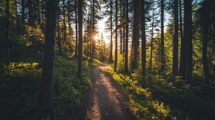 Fototapeta premium A serene forest path illuminated by sunlight, inviting exploration and tranquility.