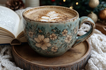 Obraz premium A quiet Christmas morning scene with a cup of coffee, an open book and Christmas decorations in the background.
