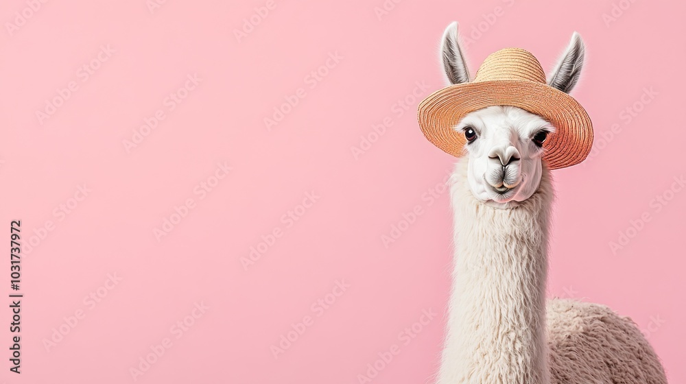 Canvas Prints A llama wearing a straw hat against a pink background, exuding a playful vibe.