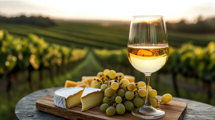 Glass of light wine next to wooden board with cheese platter and grapes on table against vineyard background