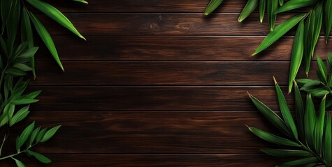 Obraz premium A wooden background adorned with green leaves, ideal for nature-themed designs.