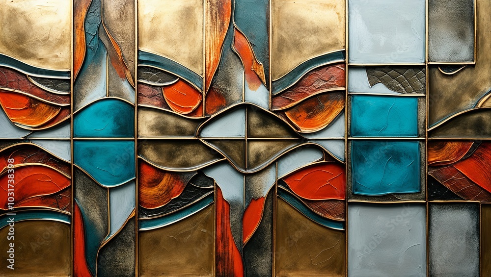 Wall mural Abstract art with red, blue, and gold colors.