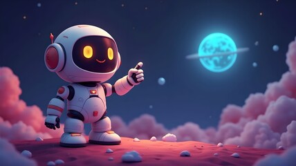 Naklejka premium Positive cute robot pointing at a space. Copy space