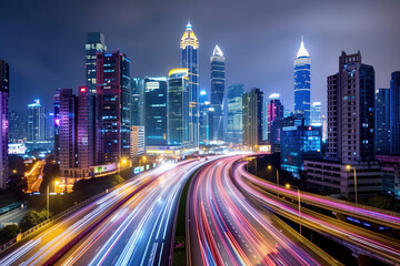 modern cityscape at night with many lights glowing roads