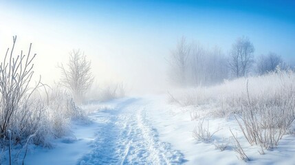 A serene winter landscape with a snowy path and frosty trees in a misty atmosphere.