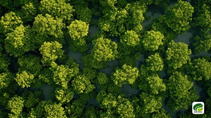 Naklejka premium Aerial view of lush green trees in a dense forest, highlighting nature's beauty and biodiversity.