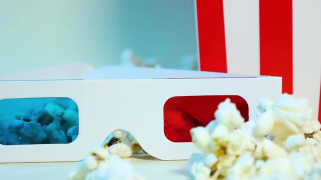 Horizontal close up slow motion of popcorn in red and white cardboard bucket and 3d glasses, cinema and popcorn concept