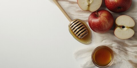 Yom kippur flat lay with apples and honey for traditional holiday celebration