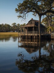 Obraz premium a floating wooden building on a river