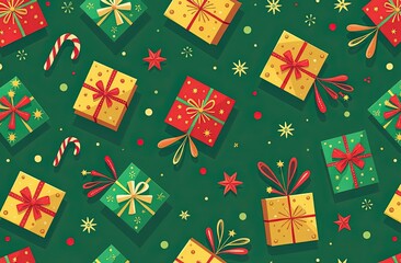 Christmas seamless pattern with gift boxes, ornaments, stars and snowflakes. Vector background for wrapping paper, fabric print, greeting cards design.