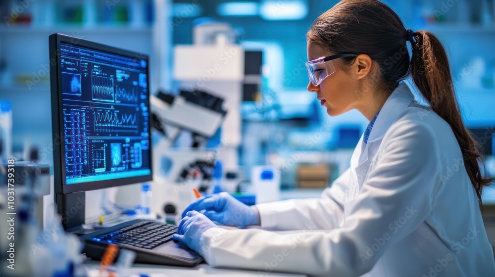 Poster Female Scientist Working on Computer with Graphs and Data in Laboratory