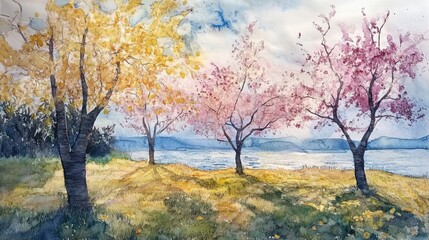 Fototapeta premium Autumn Lakeside Scenery with Colorful Trees in Watercolor