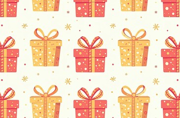 Christmas seamless pattern with gift boxes, ornaments, stars and snowflakes. Vector background for wrapping paper, fabric print, greeting cards design.