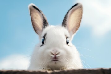 Obraz premium A tight shot of a rabbit's head against a backdrop of a blue sky with scattered clouds