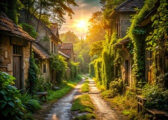 Fototapeta premium Urban Exploration of a Hidden Village Road: Discovering Abandoned Charm and Nature's Touch