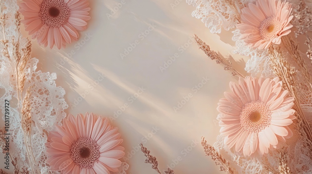 Canvas Prints A soft, pastel arrangement of pink flowers and delicate lace, creating a serene aesthetic.