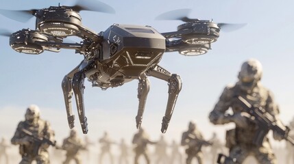 Fototapeta premium Futuristic Aerial Drone Supply Delivery to Soldiers in Warfare 3D Render Illustration with Ultra-Detailed Technology Showcase