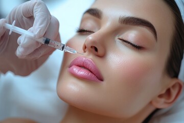 Cosmetologist doing injections for lips augmentation and anti wrinkle in nasolabial folds of young woman, closeup, Generative AI