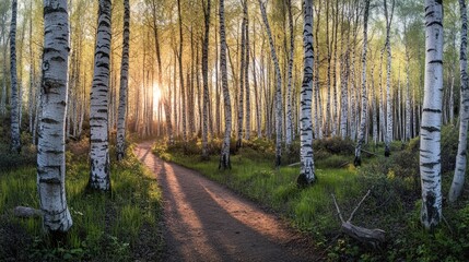 Naklejka premium A serene forest path illuminated by sunlight filtering through birch trees.