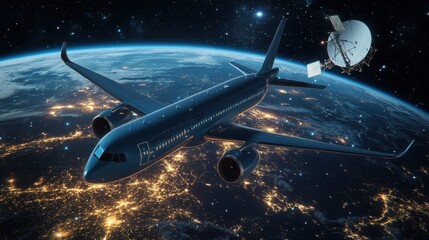3D Airplane in Flight Above Earth and Satellite