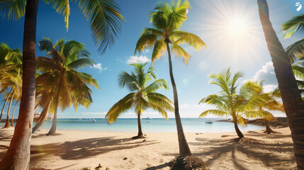 Obraz premium Summer Beach with Palm Trees, Sea Tourism Sun Relaxation, Sea Trip