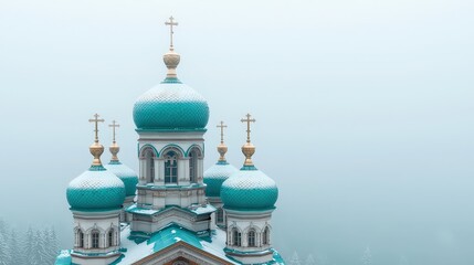 Blue Domed Church in Winter Fog  Snowy Landscape  Orthodox Architecture  Religious Symbol
